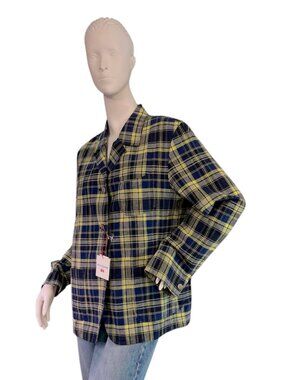 NWT Ines de Fressange x Uniqlo Plaid Linen Cotton Coverall Jacket Blue/Green Med